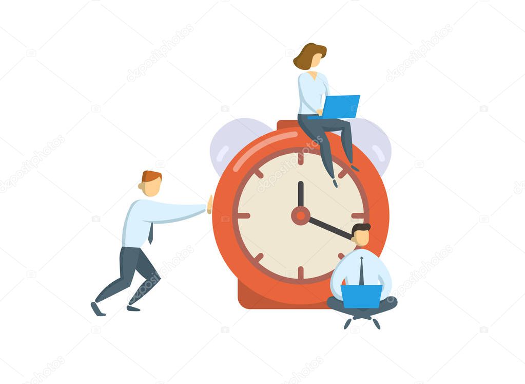 Managers around big alarm clock. Business, office time concept. Flat vector illustration. Isolated on white background.