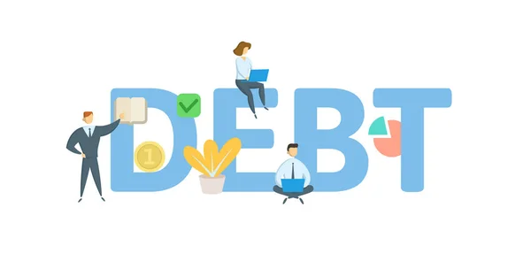 Banner de concepto de palabra DEBT. Concepto con personas, letras e iconos. Ilustración vectorial plana. Aislado sobre fondo blanco . — Vector de stock