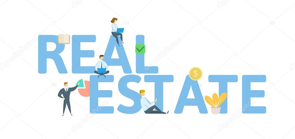 REAL ESTATE word concept banner. Concept with people, letters, and icons. Flat vector illustration. Isolated on white background.