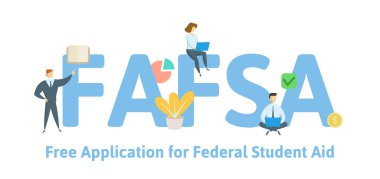 FAFSA, Federal Öğrenci yardım için ücretsiz uygulama. Anahtar kelimeler, harfler ve simgeler konseptiyle. Düz vektör çizim. Beyaz arka plan üzerinde izole.