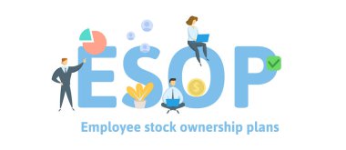 ESOP, çalışan hisse senedi sahipliği planı. Anahtar kelimeler, harfler ve simgeler konseptiyle. Düz vektör çizim. Beyaz arka plan üzerinde izole.