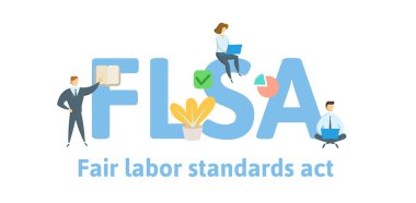 FLSA, Fuar İşçi Standartları Yasası. Anahtar kelimeler, harfler ve simgeler konseptiyle. Düz vektör çizim. Beyaz arka plan üzerinde izole.