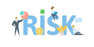 Risk. Kavramı kişi, harfler ve simgeler ile. Düz vektör çizim. Beyaz arka plan üzerinde izole.