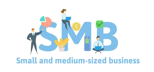 SMB, μικρές και μεσαίες επιχειρήσεις. Έννοια με λέξεις-κλειδιά, γράμματα και εικόνες. Επίπεδη διανυσματικά εικονογράφηση. Απομονωμένα σε λευκό φόντο. — Διανυσματικό Αρχείο