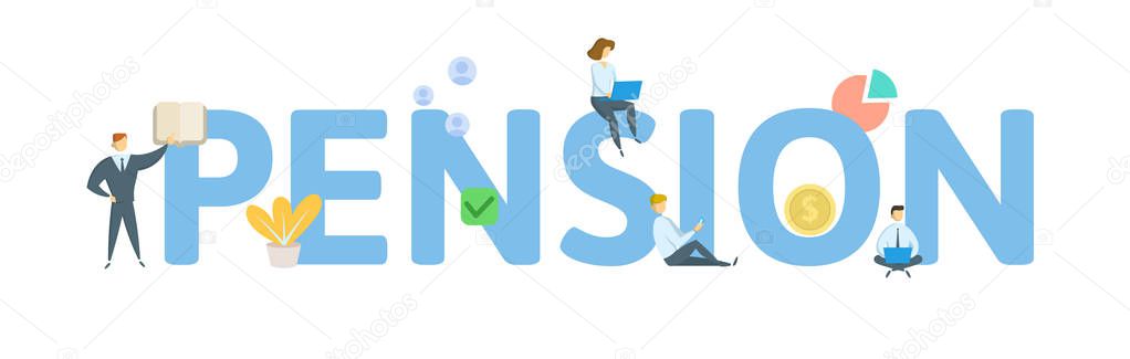 PENSION. Concept with people, letters and icons. Flat vector illustration. Isolated on white background.