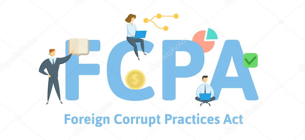 FCPA, Foreign Corrupt Practices Act. Concept with keywords, letters and icons. Flat vector illustration. Isolated on white background.