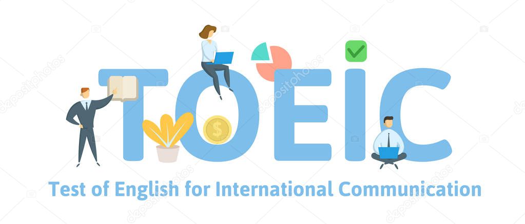 TOEIC, English for International Communication. Concept with keywords, letters and icons. Colored flat vector illustration. Isolated on white background.