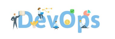 Devops, geliştirmelerine ve Optrations. Kavramı kişi, harfler ve simgeler ile. Düz vektör çizim. Beyaz arka plan üzerinde izole.