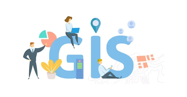 SIG, sistema de información geográfica. Concepto con personas, letras e iconos. Ilustración vectorial plana. Aislado sobre fondo blanco . — Vector de stock