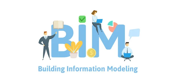 BIM, bygga informationsmodellering. Koncept med sökord, bokstäver och symboler. Flat vektorillustration. Isolerad på vit bakgrund. — Stock vektor