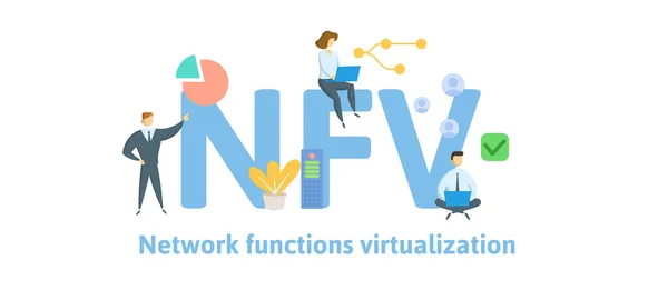 NFV, virtualização de funções de rede. Conceito com palavras-chave, letras e ícones. Ilustração vetorial plana. Isolado sobre fundo branco . —  Vetores de Stock