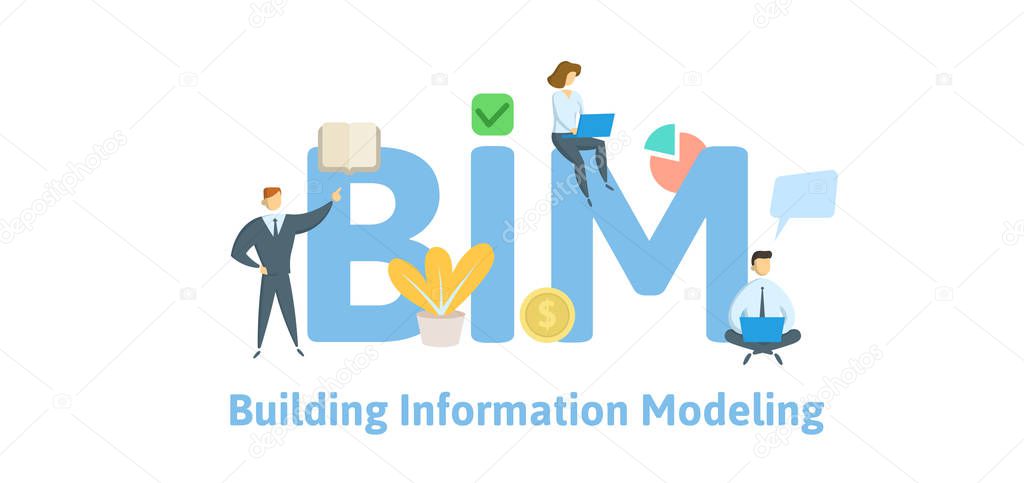 BIM, building information modeling. Concept with keywords, letters and icons. Flat vector illustration. Isolated on white background.