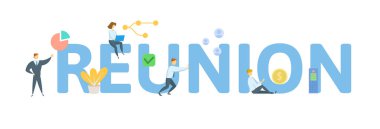 Reunion. Kavramı kişi, harfler ve simgeler ile. Düz vektör çizim. Beyaz arka plan üzerinde izole.