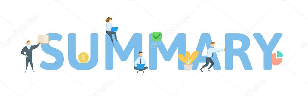 SUMMARY. Concept with people, letters and icons. Flat vector illustration. Isolated on white background.