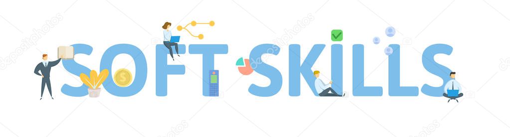 SOFT SKILLS. Concept with people, letters and icons. Flat vector illustration. Isolated on white background.