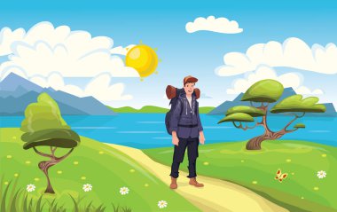 Genç mutlu adam, sahilde Backpacker. Hiker, Explorer. Vektör Illustration.