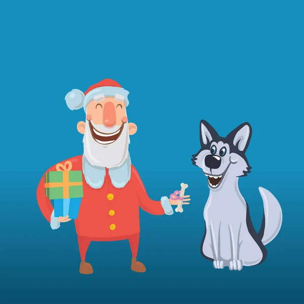 Feliz Papai Noel rindo com o cão. Ano Novo e cartões de Natal do ano do cão segundo o calendário oriental. Personagens vetoriais . — Vetor de Stock