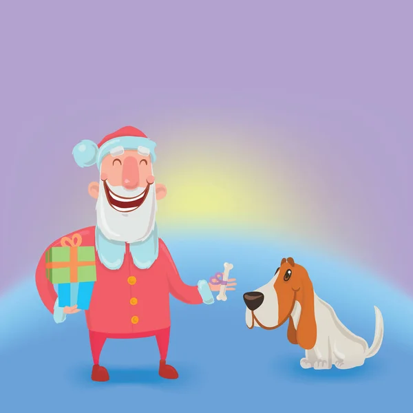 Gelukkige lachende Kerstman met hond. Nieuwjaar en kerstkaarten voor het jaar van de hond volgens de Oost-kalender. Vector tekens. — Stockvector