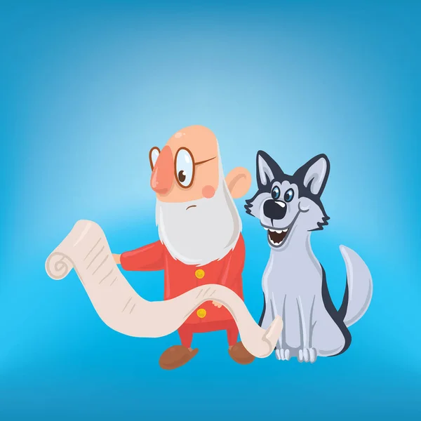 Feliz Santa Claus riendo con el perro. Un nuevo año y las tarjetas navideñas para el año del perro por el calendario oriental. Personajes vectoriales . — Archivo Imágenes Vectoriales