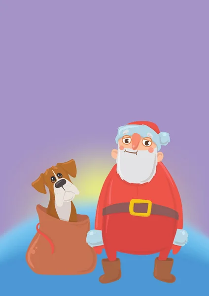 Feliz Papai Noel rindo com o cão. Ano Novo e cartões de Natal do ano do cão segundo o calendário oriental. Personagens vetoriais . — Vetor de Stock