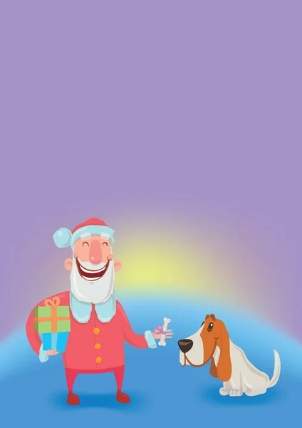 Feliz Papai Noel rindo com o cão. Ano Novo e cartões de Natal do ano do cão segundo o calendário oriental. Personagens vetoriais . — Vetor de Stock