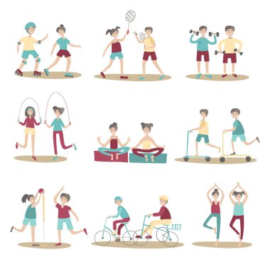Ortak spor aktiviteleri, Genç insanlar birlikte eğleniyoruz. Aktif yaşam tarzı, spor eğlencesi açık havada. Pozlar ve karakterler kümesi. Düz vektör Illustration. Beyaz arka planda yalıtılmış.
