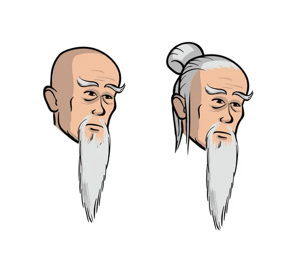 Kopf eines alten asiatischen Mannes, Karikatur isolierte Vektorillustration. Set aus zwei isolierten Köpfen. — Stockvektor