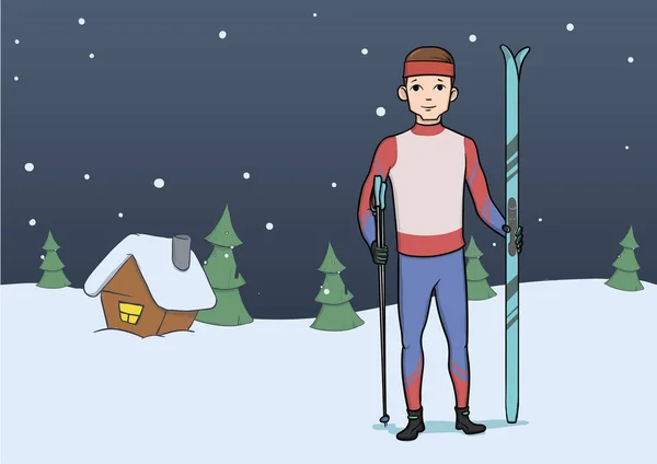 Cross-country skiing, winter sport. Young man with skis standing on rural evening background. Vector illustration.