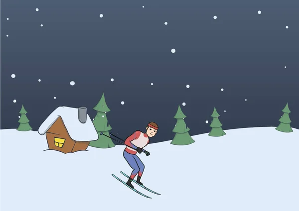 Cross-country skiing, winter sport. Young man skiing on rural evening background. Vector illustration.