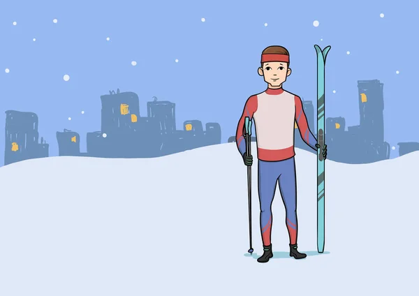 Cross country skiing, winter sport. Young man with skis standing on the background of the evening city. Vector illustration.