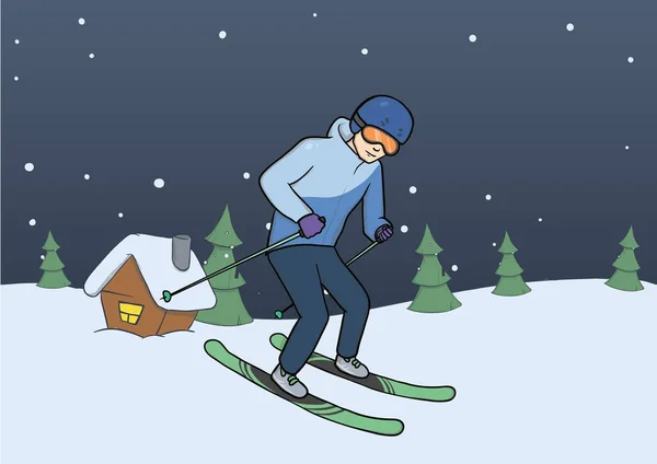 Mountain skiing, winter sport. Young man skiing on rural evening background. Vector illustration.