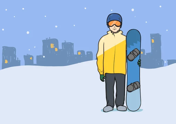 Молодой человек с сноубордом стоит на вечернем фоне города. Сноуборд, экстремальный спорт, активный отдых. Векторная иллюстрация . — стоковый вектор