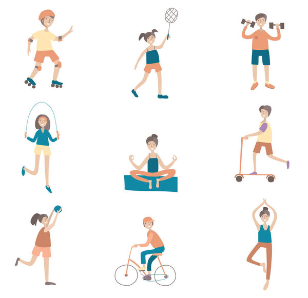 Active lifestyle, sports outdoors. Set of poses and characters. Flat vector illustration. Isolated on white background.