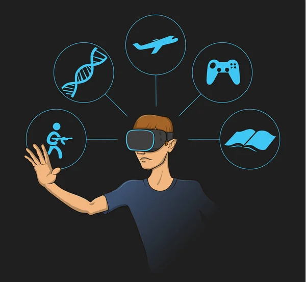 Młody człowiek ubrany w wirtualną rzeczywistość zestaw głowy z wirtualnymi przedmiotami wokół niego. Płaska ilustracja wektorowa — Wektor stockowy