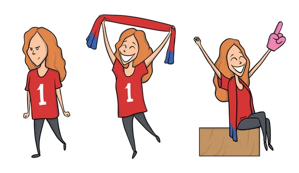 Grappig blond meisje in team uniform juichen voor een sportevenement. Set van drie cartoonfiguren. Vector illustratie geïsoleerd op witte achtergrond. — Stockvector