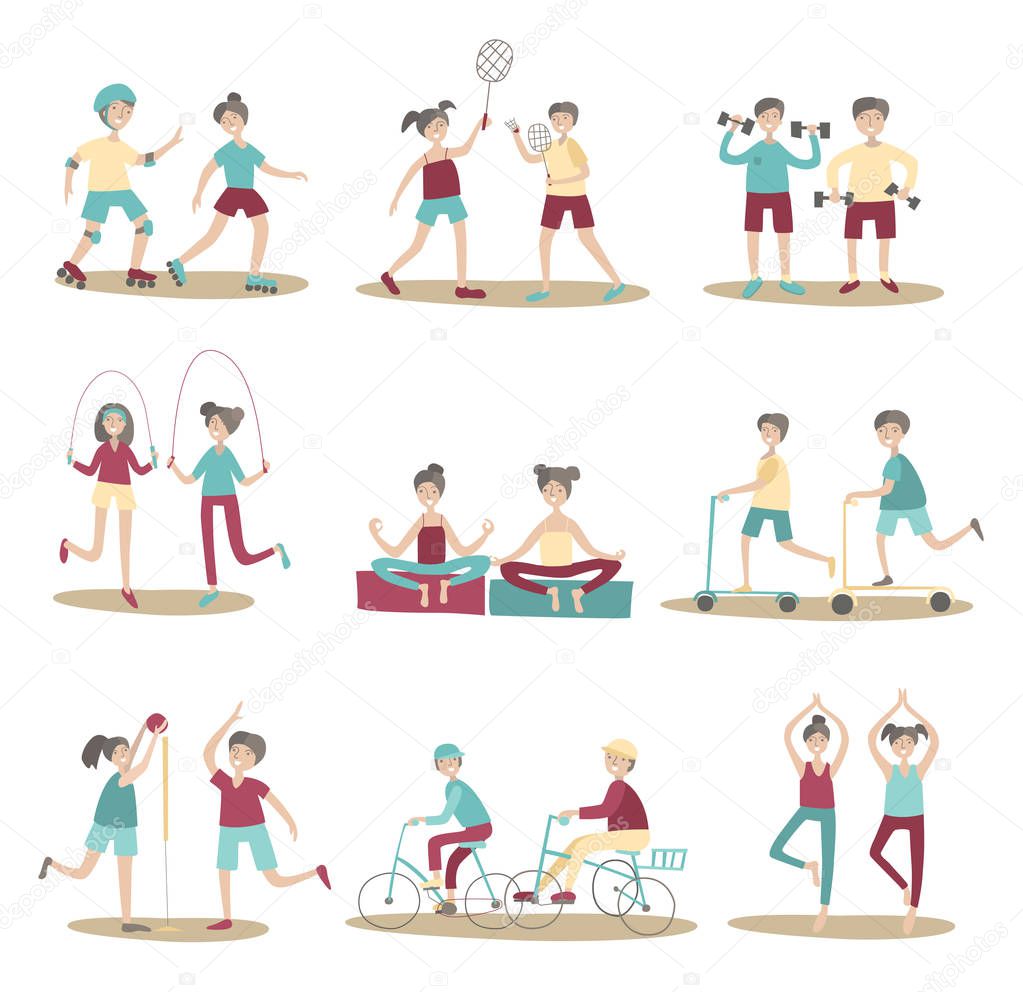 Joint sport activities, young people having fun together. Active lifestyle, sports entertainment outdoors. Set of poses and characters. Flat vector illustration. Isolated on white background.