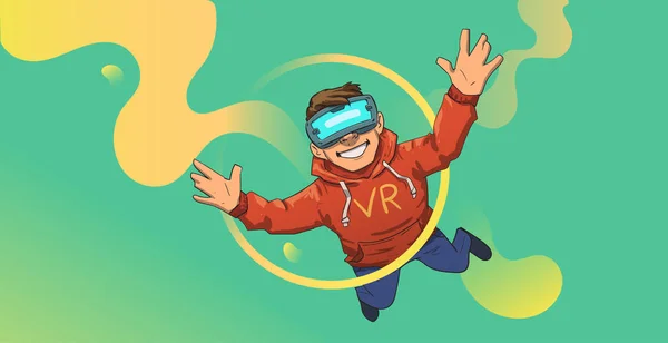 Jovem no fone de ouvido VR voando em fundo de néon colorido abstrato. Criança feliz brincando na realidade virtual. Ilustração vetorial plana. Horizontal . — Vetor de Stock