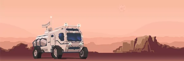 Vehículo rover de Marte en el fondo del paisaje extraterrestre. Concepto de viaje espacial. Ilustración vectorial plana. Horizontal . — Vector de stock
