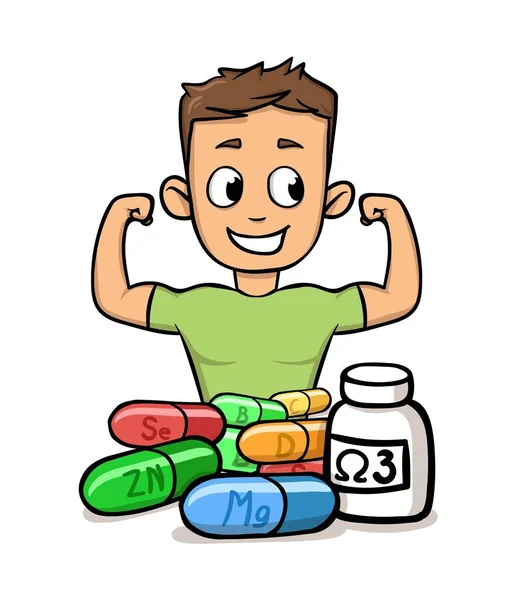 Niño haciendo alarde de sus músculos con microelementos y suplementos en frente de él. Fitness y estilo de vida saludable icono de diseño plano. Ilustración vectorial plana. Aislado sobre fondo blanco . — Vector de stock