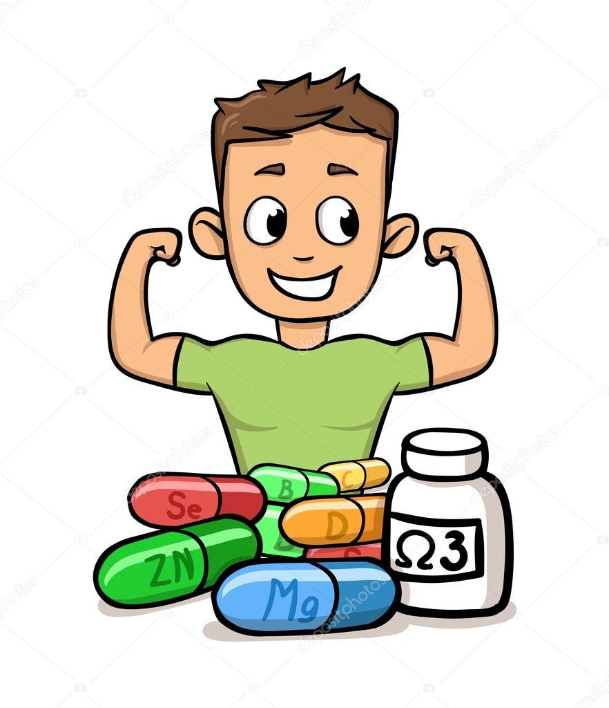 Boy flaunting his muscles with microelements and supplements in front of him. Fitness and healthy lifestyle flat design icon. Flat vector illustration. Isolated on white background.