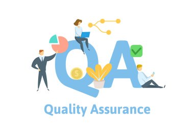 Qa, Kalite Güvencesi. Anahtar kelimeler, kişiler ve simgeler ile kavram. Düz vektör çizimi. Beyaz arka planda yalıtılmış.