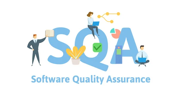 Sqa、ソフトウェア品質保証。キーワード、人、アイコンを使用したコンセプト。フラット ベクトルイラストレーション。白い背景に隔離. — ストックベクタ