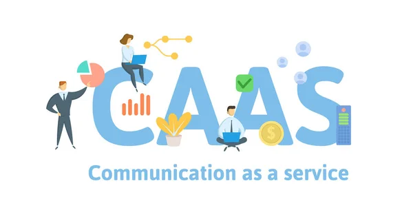 CaaS, επικοινωνία ως υπηρεσία. Concept με άτομα, λέξεις-κλειδιά και εικονίδια. Εικόνα από επίπεδη διάνυσμα. Απομονωμένη σε λευκό φόντο. — Διανυσματικό Αρχείο