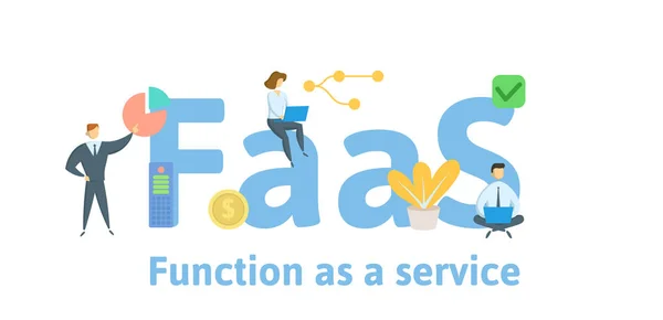 Faas, fungeren als een service. Concept met mensen, trefwoorden en iconen. Platte vector illustratie. Geïsoleerd op witte achtergrond. — Stockvector