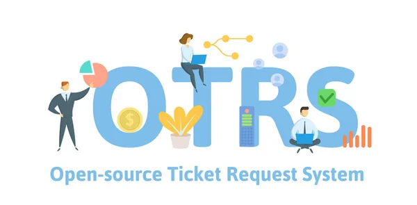 OTRS, Open-Source Ticket Request System. Concetto con persone, parole chiave e icone. Illustrazione a vettore piatto. Isolato su sfondo bianco . — Vettoriale Stock