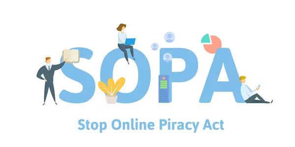 SOPA, ukončit kriminalitu online. Koncept s lidmi, klíčovými slovy a ikonami. Plochá vektorová ilustrace. Izolované na bílém pozadí. — Stockový vektor