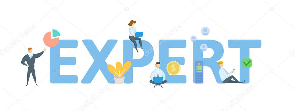 EXPERT. Concept with people, letters and icons. Flat vector illu