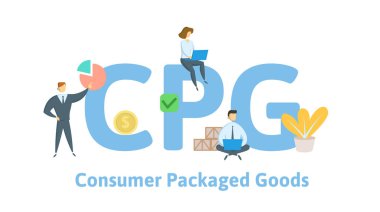 Cpg, Tüketici Ambalajlı Ürünler. İnsanlar, harfler ve simgeler ile Kavram. Düz vektör çizimi. Beyaz arka planda yalıtılmış.