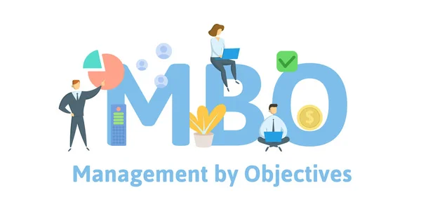 MBO, management door doelstellingen. Concept met mensen, letters en iconen. Platte vector illustratie. Geïsoleerd op witte achtergrond. — Stockvector