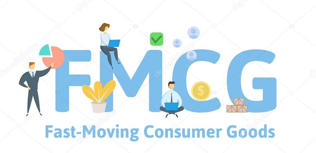 FMCG, Fast Moving Consumer Goods. Concept with people, letters and icons. Flat vector illustration. Isolated on white background.